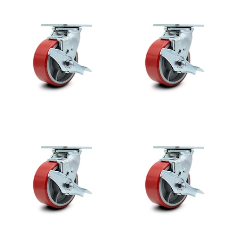5 Inch Red Poly On Steel Caster Set With Roller Bearings And Brake/Swivel Lock